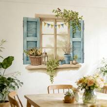 Blue Faux Window With Bird And Vine Wall Sticker, Wooden Window Sill Decal, Waterproof Self-Adhesive Bathroom Decoration Wall Sticker, Home Decor Wall Art For Bedroom - T3360 - View 3