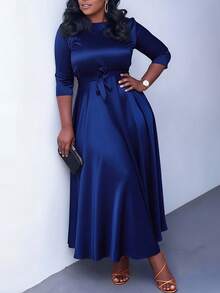 Women's Elegant Mid-Length A-Line Dress With Round Neck, 3/4 Sleeves, Tie Waist, Pockets, Suitable For Formal Evening Occasions Spring - Royal Blue - View 5