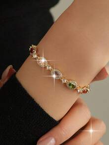 1pc Elegant Bohemian Style Colorful Pendant Chain Bracelet For Women, Exquisite Round Cubic Zirconia, Copper Jewelry, Suitable For Holidays And Music Festivals - Colorful - View 2