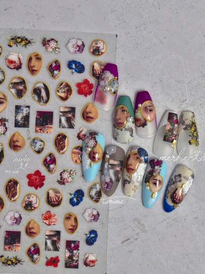 1pc Retro Oil Painting Design Thin And Tough Self Adhesive Nail Art Decorative Stickers Retro 3D Nail Stickers