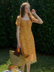 Vestido de cuello cuadrado con estampado floral diminuto de estilo casual de vacaciones - Naranja - Ver 1