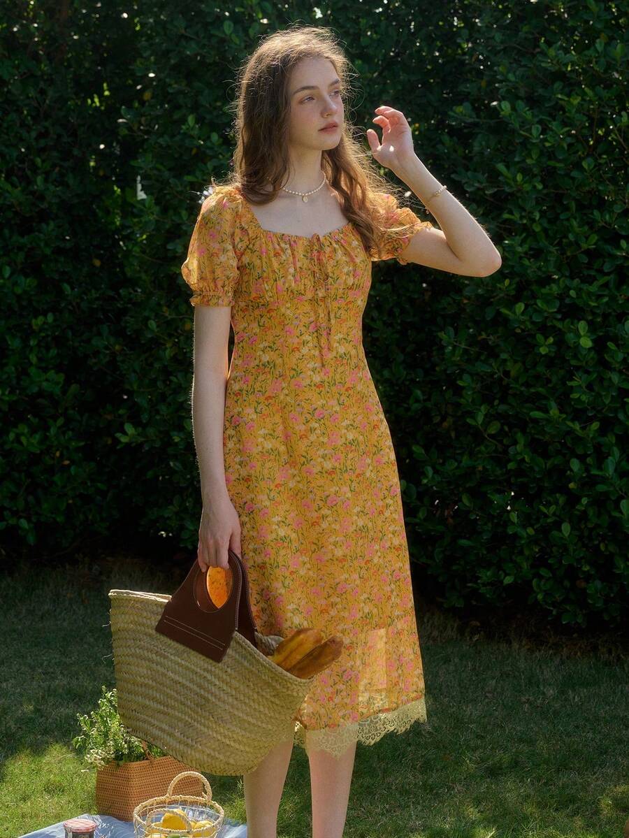 Vestido de cuello cuadrado con estampado floral diminuto de estilo casual de vacaciones - Naranja - Ver 1