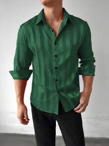 Áo sơ mi dài tay nam kẻ sọc cài cúc phía trước, kiểu dáng thường ngày. - Màu xanh lá cây đậm - Xem 7