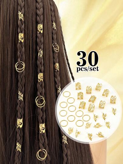 30pcs Hair Rings Multi-Style Adjustable Alloy Hair Cuffs For Girl's Braids For Gifts