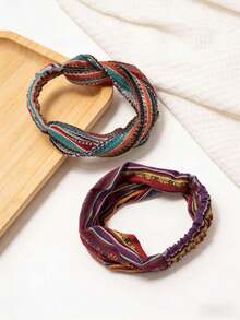 2pcs Fabric Striped Wide Headbands, Suitable For Daily Wear - Multicolor - View 3