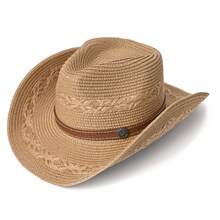 1 pieza Sombrero de paja estilo vaquero clásico minimalista bohemio con hebilla de costura marrón, adecuado para hombres y mujeres, playa, fiesta en el campo, protección solar - sombrero de paja - Ver 12