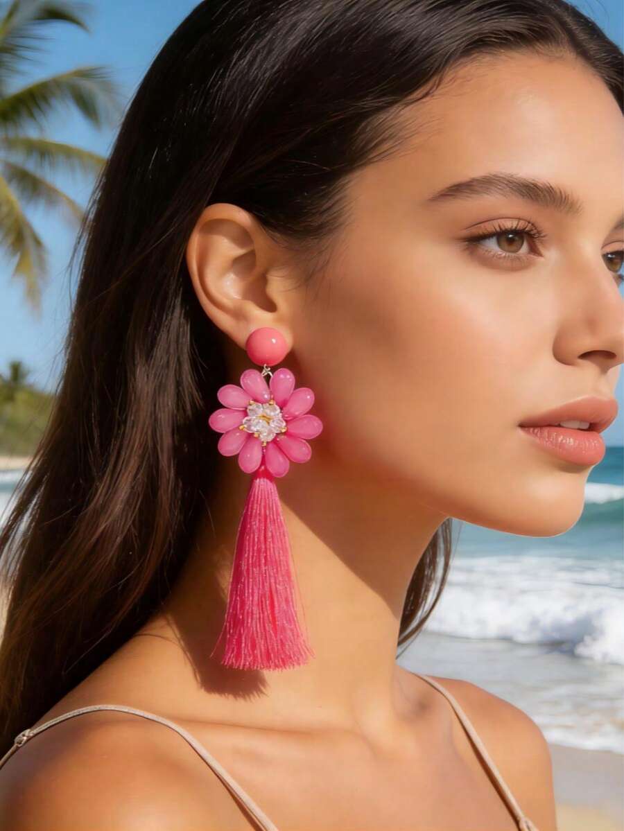 imoli 1 par de pendientes largos con borlas de estilo bohemio y exagerados, pendientes colgantes de color fucsia adecuados para el uso diario de las mujeres