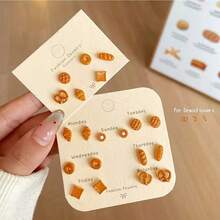 14件/6件套可爱卡通焦糖面包甜甜圈耳钉套装，简约百搭女士首饰，返校季/万圣节礼物 - 彩色 - 查看 5