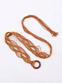 1pc Women's Retro Round Buckle Woven Wide Waist Belt, Minimalist Versatile Decoration For Dresses, Tassel Waist Chain Accessory - A - View 19