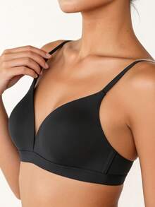 Lilivine 1 件 V 型女士舒适无钢圈软杯纯色内衣文胸、内衣 - 黑色 - 查看 3