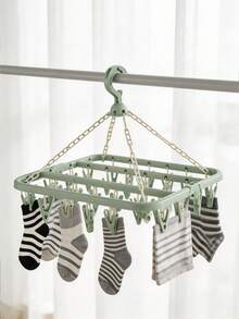 1pc Clothesline With 32 Clips And Foldable Plastic Drying Rack For Clothes, Underwear, Socks - Mint Green - View 2