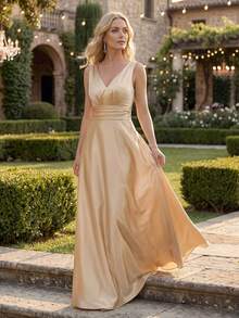 EVERPRETTY 优雅V领无袖香槟色缎面长款伴娘礼服，适合婚礼、半正式派对、婚礼宾客、鸡尾酒会及其他场合。 - 香檳色 - 查看 3