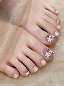 12pcs Handmade Daisy Pattern False Nails, Suitable For Parties And Daily Wear, High-End Feeling, Easy To Wear - White - View 3