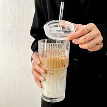 1pc 600ml Glass Cup With Lid And Straw, Vertical Stripe Pattern, Suitable For Drinking Water, Juice And Iced Coffee - Multicolor - View 14