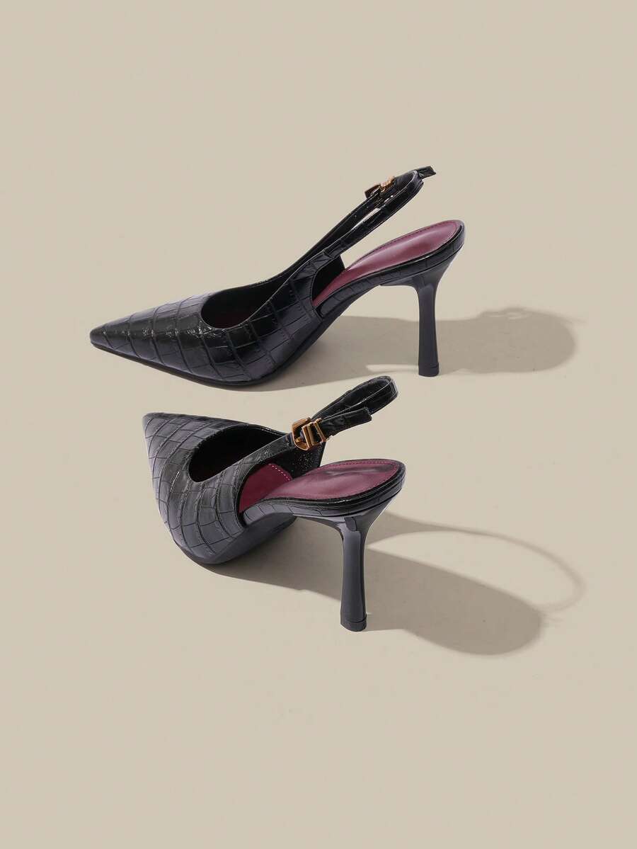 Bombas de tacón alto elegantes con punta puntiaguda de 9.5CM y decoración metálica en el tobillo, de material de PU, adecuadas para uso diario, fiesta, trabajo y commute - Negro - Ver 1