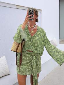 女士休闲波西米亚风优雅两件套，衬衫领上衣搭配系带中长裙，度假必备 - 綠色 - 查看 2