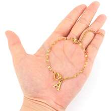 1pc New Fashion Heart Initial Pendant Golden Stainless Steel Lip Chain Bracelets For Women - Yellow Gold - View 3