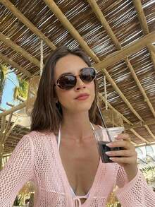 Áo khoác đi biển dài tay dệt kim cổ chữ V khoét sâu gợi cảm dành cho nữ, thích hợp cho kỳ nghỉ xuân/hè. - Hồng - Xem 6