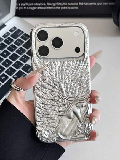 1ks 3D reliéfní stříbrný kryt na telefon s andělskými křídly, vhodný pro Apple 17, 17, Promax 16, Promax 16, 16, Promax 15, Pro 15, 14, 13, 12, Promax kryty na telefon, perfektní praktický dárek pro přátele a rodinu.