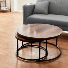 Juego de 2 Mesas Auxiliares Redondas para Sala, Estilo Industrial Minimalista, Madera y Acero, Fácil Montaje, Ideal como Mesa de Centro y Café - por defecto - Ver 6