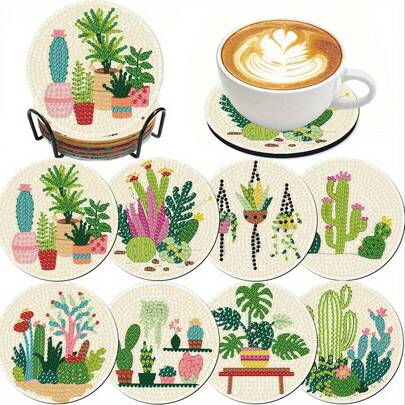 8pcs Diamond Painting Coasters With Stand + 8 Soft Cork Pads, DIY Tropical Plant Series Diamond Art Coasters, Suitable For Adult Sewing 5D DIY And Beginner Diamond Painting Kits, Diamond Painting Craft Supplies, Exquisite Gift For Friends
