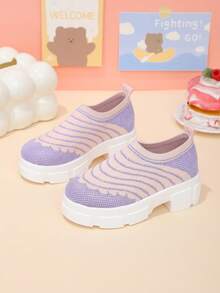 1 Pair Kids' Casual Sneakers, Breathable Elastic Knit Striped Wavy Pattern Fabric, Classic Round Toe Thick Sole Slip-On Design, Fashionable & Cute For Students, Suitable For Daily, Vacation, Campus Wear, Spring/Summer/Autumn - Pink and Purple - View 4