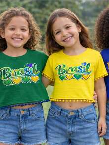 Cropped Oversized T-Shirt For Children 2 To 15 Years Old - BRAZIL / WORLD CUP! - Yellow Print, Green and Yellow - View 5