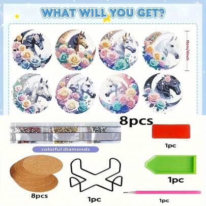 8pcs Diamond Art Coasters With Holder + 8 Soft Cork Pads, DIY Floral & Butterfly Series Diamond Art Coasters, Suitable For Adult Sewing 5D DIY And Beginner Diamond Painting Kits, Diamond Painting Craft Supplies, Exquisite Gift For Friends