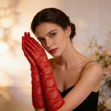 Elegant Printed Lace Trim Mid Length Gloves, Thin Breathable Summer Formal Gloves, Sun Protection Arm Sleeves For Bride Wedding Vacation Daily Driving - 22cm Black - View 3