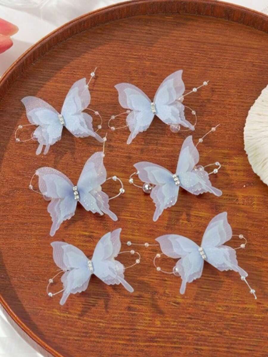 6pcs Lace Triple-Layer Crystal Pearl Butterfly Hair Clips, Suitable For Daily Use - Blue - View 1