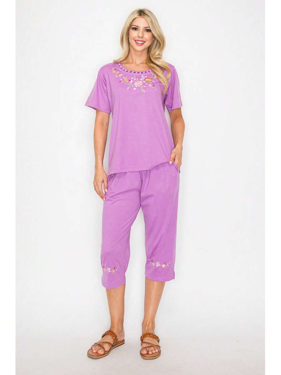 Women Short Sleeves Embroidered Cotton Blend Lounge Wear Sets - Lilac - View 1