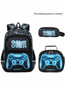 1 Set Mochila y Bolsa de Almuerzo para Niños, Mochila con Estampado de Mando de Juego, Cierre con Cremallera, Diseño Multipocket, Adecuado para Uso Diario, Conjunto Camuflaje Azul/Rojo - A - Ver 14