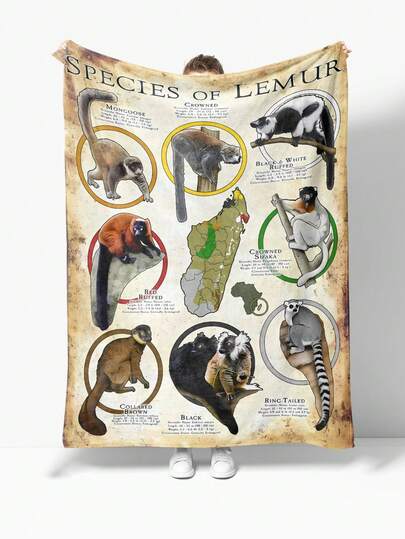 1 pieza Manta de franela con estampado de lémur de dibujos animados, lavable a máquina, impresión digital, resistente a las manchas, adecuada para todas las estaciones, multiusos, para oficina, exterior, viajes, regalo, adecuada para sala de estar, sofá, cama o decoración del hogar, regalo para familiares y amigos
