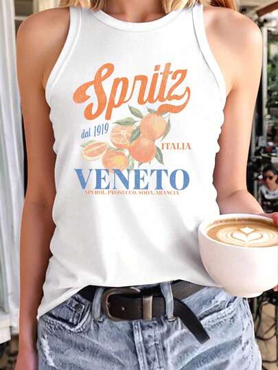 印花背心，女士休闲无袖夏季上衣，女士夏季穿搭，度假穿搭，沙滩穿搭，大码圆领背心