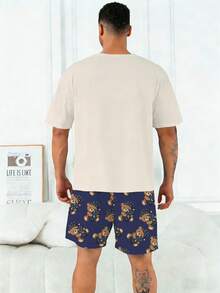 Plus Size Men's Pajama Set | Round Neck Short Sleeve Top And Elastic Waist Casual Shorts, 2 Piece Set | Polyester Knit Fabric, Skin-Friendly Breathable Loose Fit And Comfortable | Sleep Cap, Casual Design With Sleepy Bear Print - Dusty Blue - View 5
