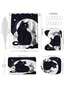 1pc Cat Moon Shower Curtain With Black Cat Silhouette, Crescent Moon, Floral And Butterfly Patterns, Mysterious Design, 70.8x70.8 Inches, With 12 Hooks - C - View 4