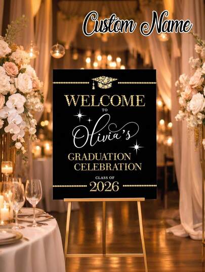 1 قطعة ملصق تخرج شخصي بطراز أسود وذهبي، يتميز بلافتة ترحيب أنيقة باحتفال التخرج والاسم، لافتة ترحيب باحتفال التخرج مع صورة، لوحة ترحيب حفل التخرج، ملصق تخرج مع الاسم، لافتة ترحيب تخرج شخصية مع صورة، ملصق كانفاس لامع بدون إطار