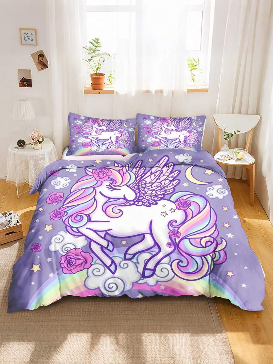 2/3件套 梦幻紫色独角兽印花床上用品套装 - 饰有带翅膀的独角兽和彩虹图案,适合儿童和青少年房间装饰,四季皆宜,拉链封口 - 彩色 - 查看 1