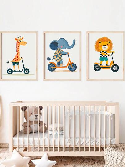1pc, Canvas Wall Art, Framed Wall Decor, Wildlife-Themed Scooter Design, Playroom Wall Art For Kids, Girls' Room Wall Decor, Boys' Room Wall Art, Baby Products, Nursery Posters, Ideal For Children's Room Decor, Playroom Decor, Waterproof. Kids' Room Decor, Nursery Decor, Daycare Center Decor, Preschool Decor