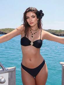 wohenmeili 女士纯色金属贝壳装饰性感比基尼泳衣套装，夏季沙滩 - 黑色 - 查看 2