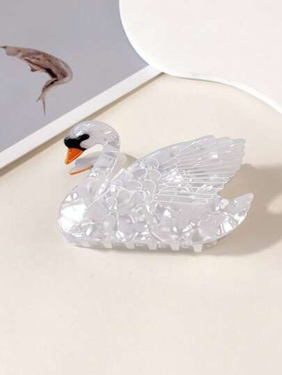 1pc Women Elegant White Swan Acetate Hair Claw Clip - Pearl Marble Texture Hair Accessories For Women, Luxury Style Hair Jaw Clips Summer Beach Hair Clips