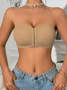 1pc Khaki Front Clasp Scoop Neck Bandeau Bra, Wide Silicone Upgraded Non-Slip (Won't Stick), Comfortable Padded Bralette, Strapless Wireless Bra For Women - Khaki - View 6