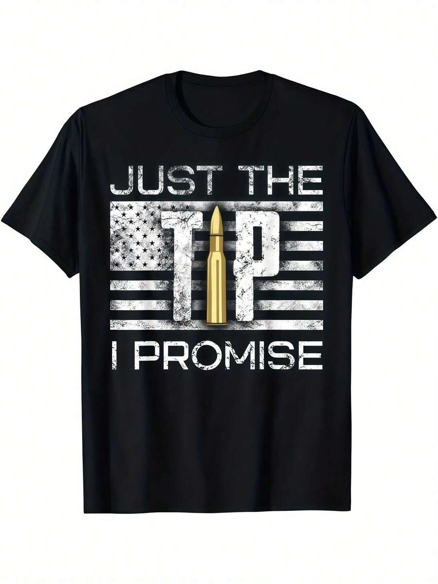 1 Pc Men's Clothing Bullet Flag Printed Black Tshirt, Graphic Tee, Summer Tops, Shirt, Unisex Casual Crew Neck Tshirt, Plus Size Men's - 黑色 - 查看 1