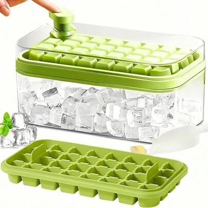 1 Juego de Moldes de Hielo en Forma de Ladrillo, Presiona para Retirar los Cubos de Hielo - 64 Moldes de Cubos de Hielo de Plástico con Tapas y Contenedores - Perfecto para Refrigeradores - Fácil de Acceder y Ahorra Espacio - Incluye 2 Bandejas y Cucharas - Hecho de Material de Polipropileno