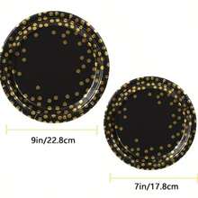 15/25/45/80 piezas Platos desechables de papel grueso a prueba de fugas de 7/9 pulgadas, con lunares negros y dorados, platos redondos de fácil limpieza, adecuados para bodas, cumpleaños, fiestas, graduaciones, Navidad, Acción de Gracias, Halloween, Ramadán, Pascua, campamentos - Estampado en caliente de lunares en negro - Ver 3