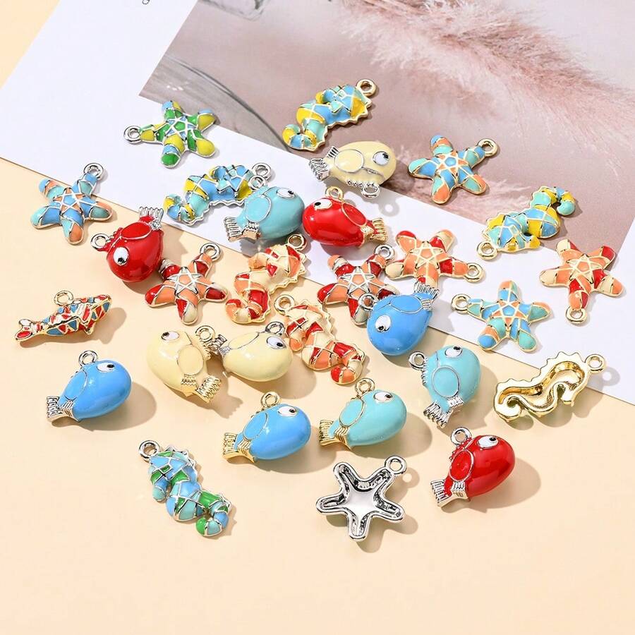 5 piezas de colgantes de aleación esmaltada de colores, colgantes de dije de caballito de mar/pez/estrella de mar de retazos de colores, adecuados para hacer joyas DIY, pulseras, collares y decoraciones - Multicolor - Ver 1