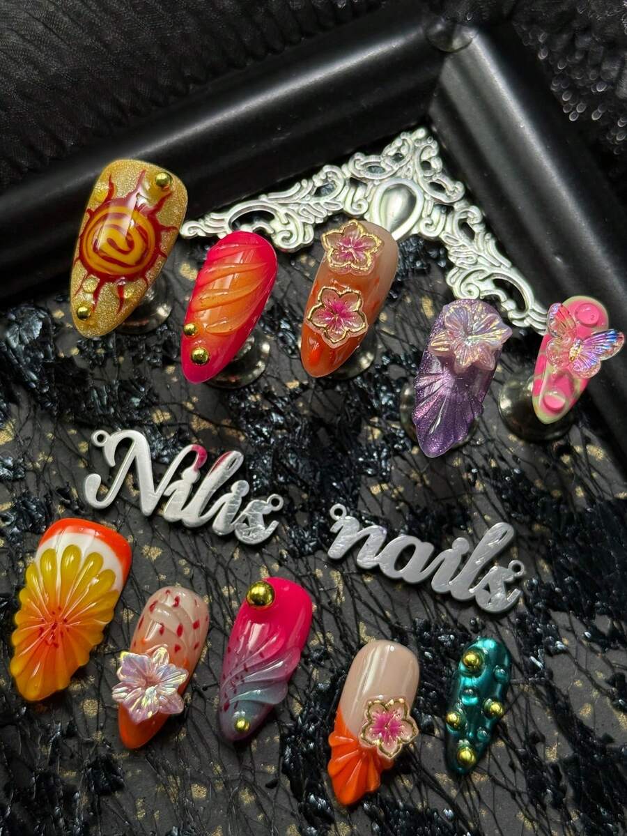 10pcs Handmade Full Coverage Fake Nail Almond Nail Set, Orange Nails, Orange French Nails, Purple Cat Eyes, Gradient Blending Of Rose Red And Nude Pink, Deep Green Nail Surface, Hand Drawn Three-Dimensional Water Ripples&Sun Patterns And Other Geometric Patterns, 3D Three-Dimensional Flowers&Iridescent Transparent Flowers&Gold Beads And Other Nail Accessories