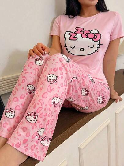 SANRIO 两件套 Hello Kitty 图案女士睡衣套装，柔软短袖上衣和长裤，可爱舒适的家居服