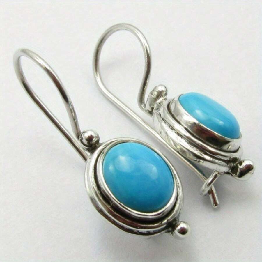 Vintage Turquoise Pendant Earrings, Bohemian Elegant Jewelry Gift For Weddings, Parties, Luxurious Minimalist Design, Ideal For Anniversary, Birthday, Party And Evening Wear - Silver - View 1