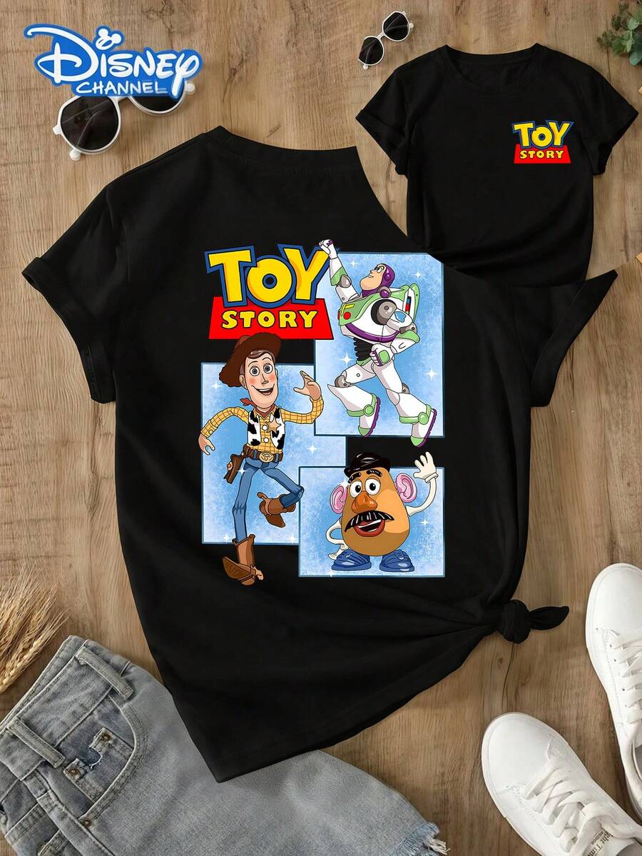 Disney Toy Story Buzz Woody And Mr Potato Head Character Casual Cotton Regular Short Sleeve Round Neck T-Shirt For Women - 黑色 - 查看 1
